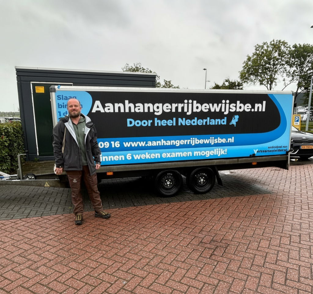 Geslaagde cursist staat voor een lesvoertuig met aanhanger van Aanhangerrijbewijs BE in Utrecht.